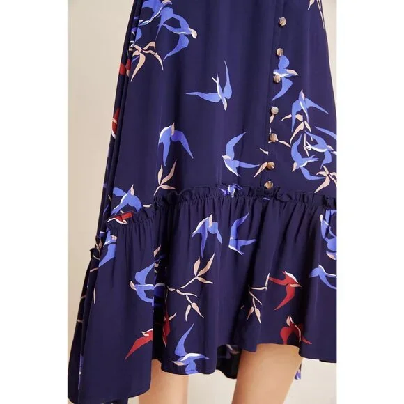 Anthropologie Maeve Women’s Midi Skirt Size 4 Merida Birds Graphic Flounced Blue - Picture 4 of 16